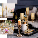 3 Arm Gold Metal Pillar Candle Stand, Votive Candelabra With Hanging Clear Crystal Pendants