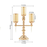 3 Arm Gold Metal Pillar Candle Stand, Votive Candelabra With Hanging Clear Crystal Pendants