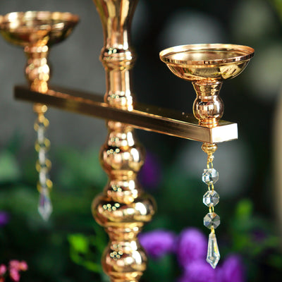 3 Arm Gold Metal Pillar Candle Stand, Votive Candelabra With Hanging Clear Crystal Pendants