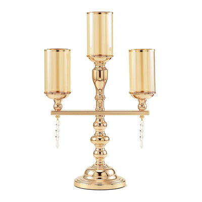 3 Arm Gold Metal Pillar Candle Stand, Votive Candelabra With Hanging Clear Crystal Pendants