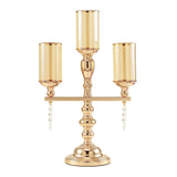 3 Arm Gold Metal Pillar Candle Stand, Votive Candelabra With Hanging Clear Crystal Pendants