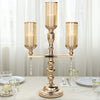 3 Arm Gold Metal Pillar Candle Stand, Votive Candelabra With Hanging Clear Crystal Pendants