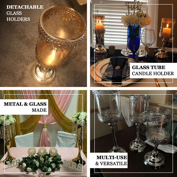 Set of 3 | Lace Design Gold Amber Hurricane Glass Candle Holder Set With Glass Tube - 13"| 15"| 17"