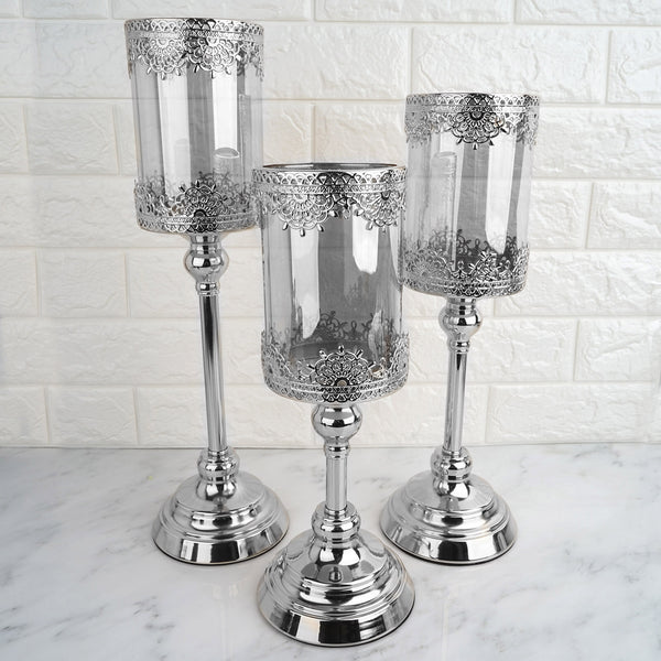 17" Tall | Lace Design Silver Hurricane Candle Holder With Glass Tube