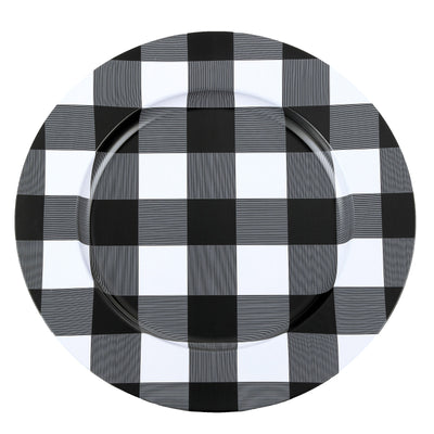 Black/White Buffalo Plaid Metal Charger Plates, Checkered Picnic Dinner Charger Plates#whtbkgd