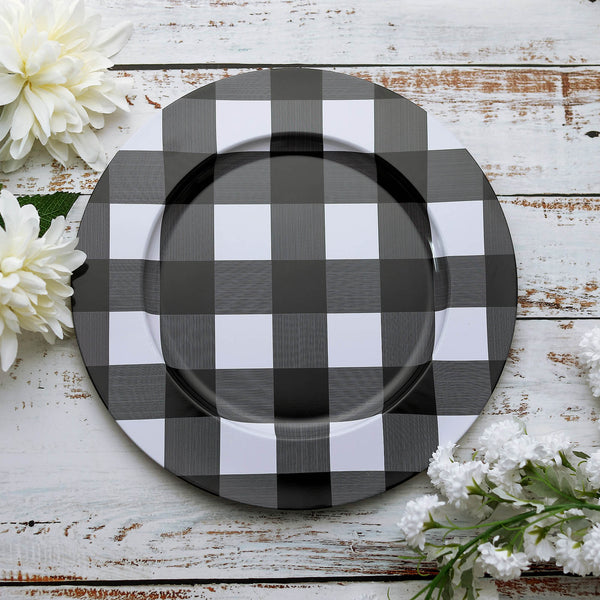 4 Pack | 13" Black/White Buffalo Plaid Metal Charger Plates, Checkered Picnic Dinner Charger Plates