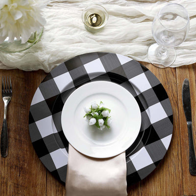 13inch Black/White Buffalo Plaid Metal Charger Plates, Checkered Picnic Dinner Charger Plates