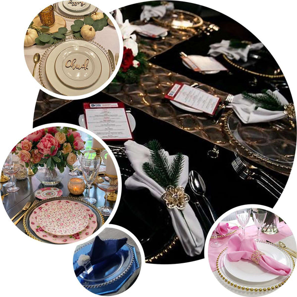 6 Pack | 12" Clear Acrylic Round Charger Plates With Gold Beaded Rim