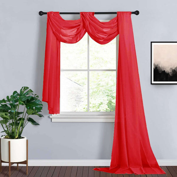 18Ft | Red Sheer Organza Curtain Panels, Window Scarf Valance Wedding Arch Draping Fabric