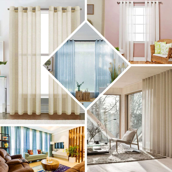 Pack of 2 | 52"x84" Blue Faux Linen Curtains, Semi Sheer Curtain Panels with Chrome Grommet