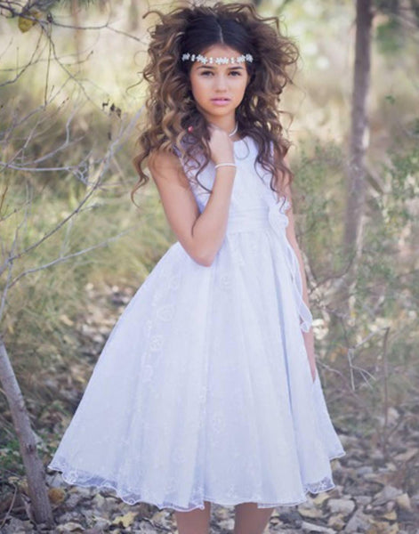 Ivory Floral Embroidered Organza Overlay Dress with Scallop Hemline - White