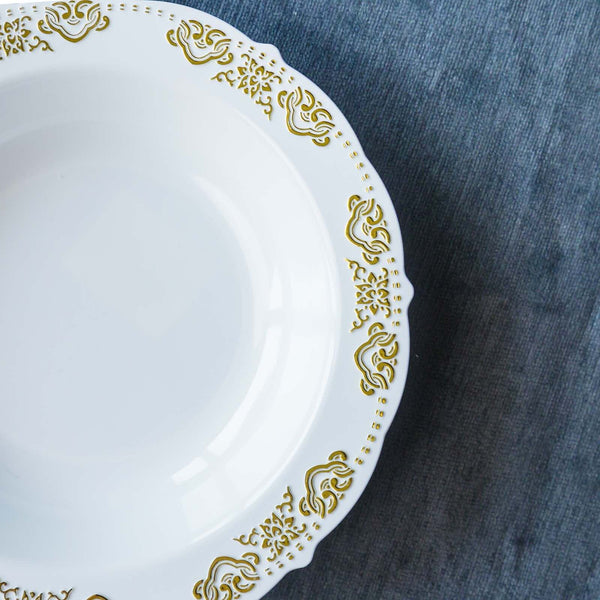 10 Pack 12oz Gold Embossed White Disposable Plastic Soup Bowl - Round With Scalloped Edges