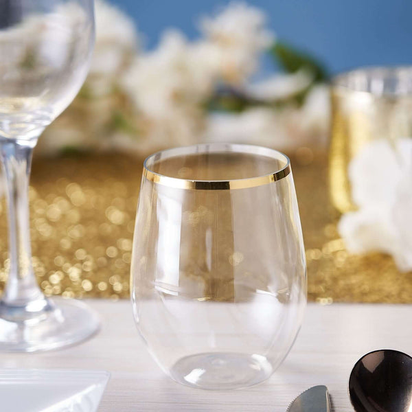 12 Pack | 14oz Clear Disposable Wine Glasses, Plastic Stemless Wine Tumblers with Gold Rim