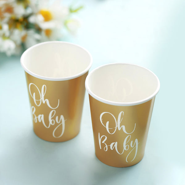 9oz Oh Baby Gold Paper Cups, Disposable Cups For Baby Shower Party & All Purpose Use