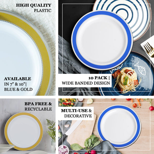 10 Pack | 7inch Gold with Silver Rim Plastic Salad Plates - Round White