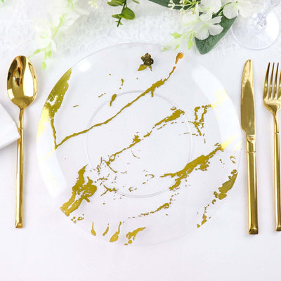 10 Pack | Clear & Gold Marble Print 10Inch Plastic Dinner Party Plates, Disposable Plates