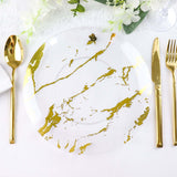 10 Pack | Clear & Gold Marble Print 10Inch Plastic Dinner Party Plates, Disposable Plates