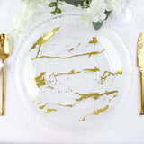 10 Pack | Clear & Gold Marble Print 10Inch Plastic Dinner Party Plates, Disposable Plates