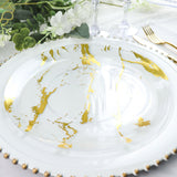 10 Pack | Clear & Gold Marble Print 10Inch Plastic Dinner Party Plates, Disposable Plates