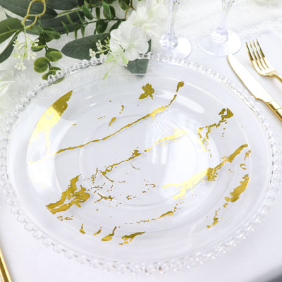 10 Pack | Clear & Gold Marble Print 10Inch Plastic Dinner Party Plates, Disposable Plates
