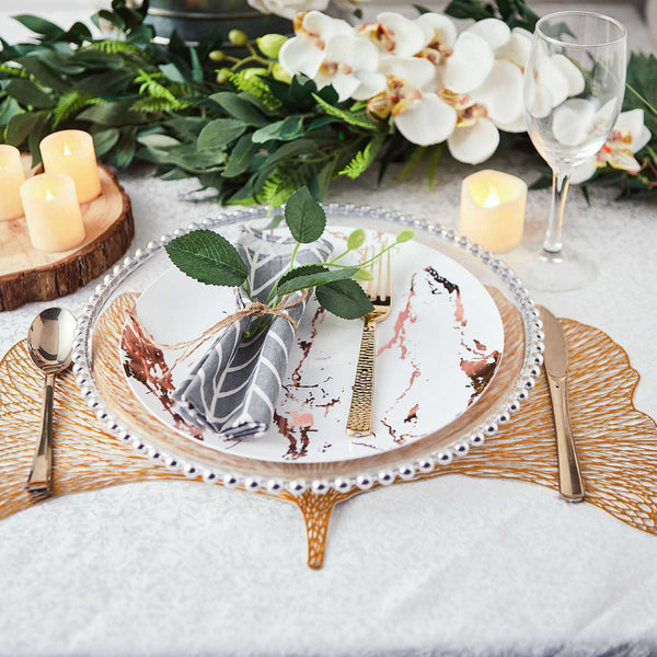 10 Pack | 10inch Marble Plastic Dinner Plates - White & Rose Gold