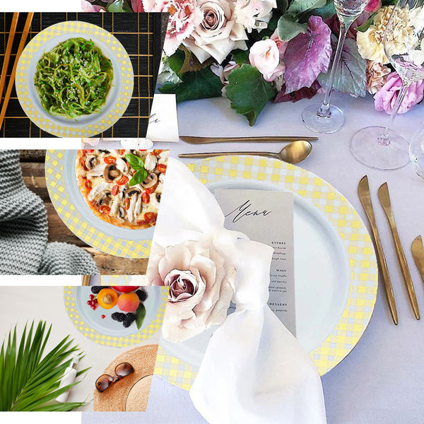 10 Pack | 10" White Round Disposable Plastic Dinner Plates With Gold Checkered Rim