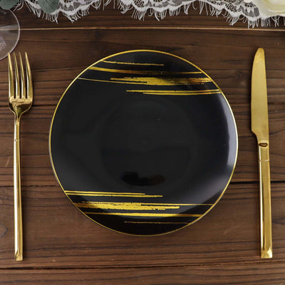 10 Pack | Black & Gold Brush Stroked 7inch Round Plastic Dessert Plates