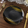 10 Pack | Black & Gold Brush Stroked 7inch Round Plastic Dessert Plates