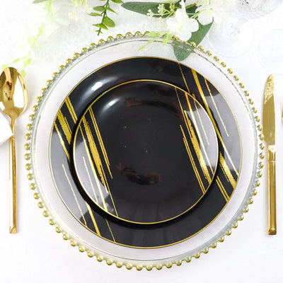 10 Pack | Black & Gold Brush Stroked 7inch Round Plastic Dessert Plates