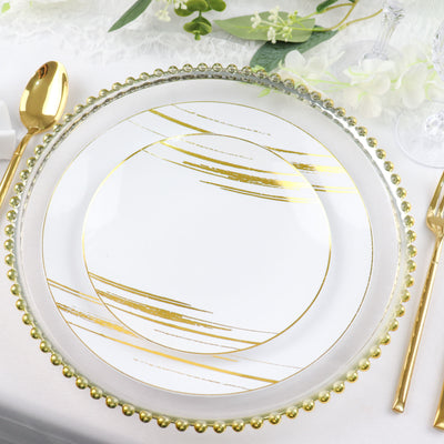 10 Pack | White & Gold Brush Stroked 7inch Round Plastic Dessert Plates