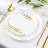 10 Pack | White & Gold Brush Stroked 7inch Round Plastic Dessert Plates