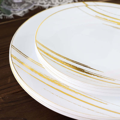 10 Pack | White & Gold Brush Stroked 7inch Round Plastic Dessert Plates