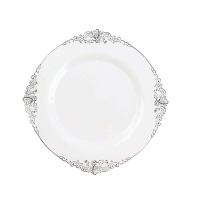 10 Pack | White/Silver Baroque 8inch Round Plastic Dessert Salad Plates#whtbkgd