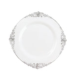 10 Pack | White/Silver Baroque 8inch Round Plastic Dessert Salad Plates#whtbkgd