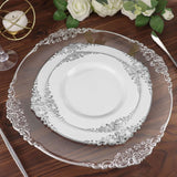 10 Pack | White/Silver Baroque 8inch Round Plastic Dessert Salad Plates