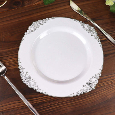 10 Pack | White/Silver Baroque 8inch Round Plastic Dessert Salad Plates