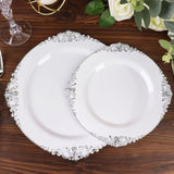 10 Pack | White/Silver Baroque 8inch Round Plastic Dessert Salad Plates
