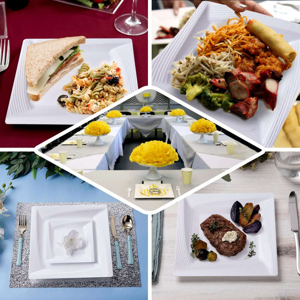 10 Pack | 6inch Square Disposable Plates White Salad Dessert Plates With Ridge Trim