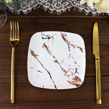 10 Pack | White/Rose Gold Marble 6inch Square Plastic Appetizer Dessert Plates