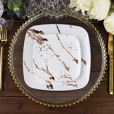 10 Pack | White/Rose Gold Marble 6inch Square Plastic Appetizer Dessert Plates