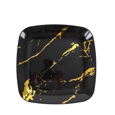 10 Pack | Black/Gold Marble 8inch Square Plastic Salad Plates, Disposable Party Plates#whtbkgd