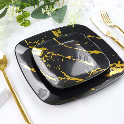 10 Pack | Black/Gold Marble 8inch Square Plastic Salad Plates, Disposable Party Plates