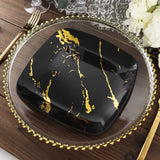 10 Pack | Black/Gold Marble 8inch Square Plastic Salad Plates, Disposable Party Plates
