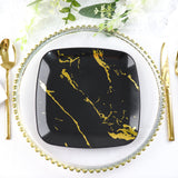 10 Pack | Black/Gold Marble 8inch Square Plastic Salad Plates, Disposable Party Plates