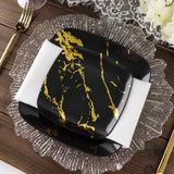 10 Pack | Black/Gold Marble 8inch Square Plastic Salad Plates, Disposable Party Plates