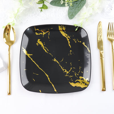 10 Pack | Black/Gold Marble 8inch Square Plastic Salad Plates, Disposable Party Plates