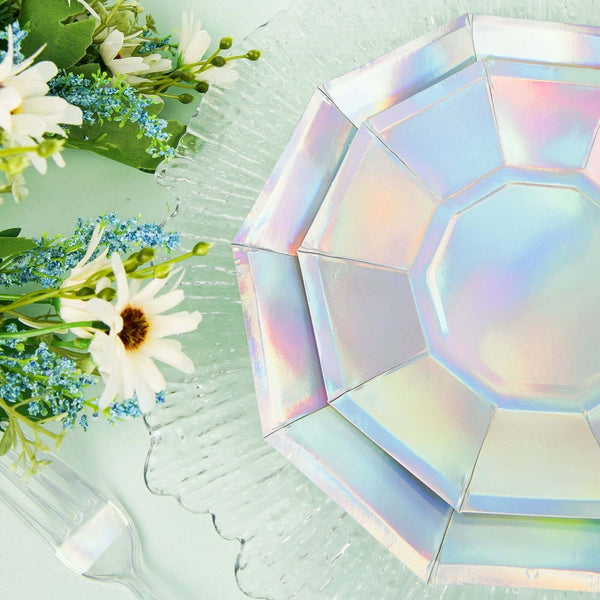 25 Pack | 7.5" Iridescent Decagonal Appetizer Dessert Paper Plates - 300 GSM
