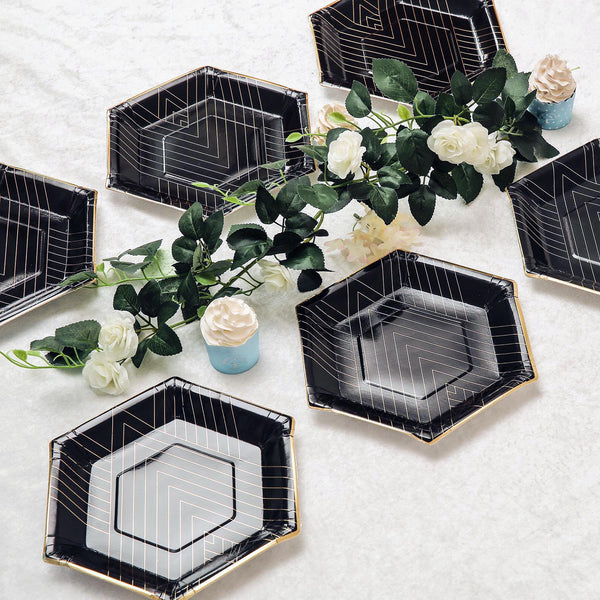 11 inch 350 GSM Black Hexagon Paper Plates | Geometric Gold Foil Stripes and Rim