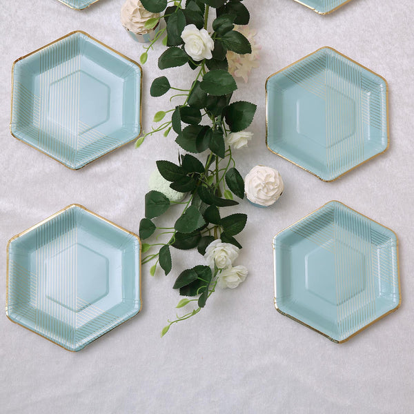 8.5 inch | 350 GSM Mint Blue Hexagon Dessert Paper Plates | Thin Gold Foil Stripes and Rim
