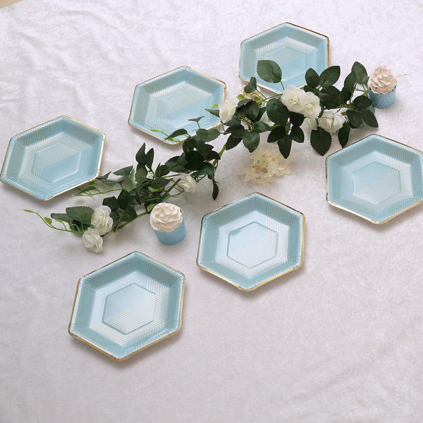 8.5 inch | 350 GSM Mint Blue Hexagon Dessert Paper Plates | Thin Gold Foil Stripes and Rim